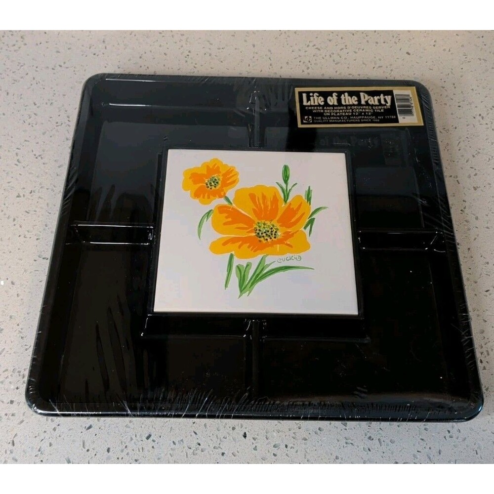 Vintage Life Of The Party Cheese & Appetizer Server Ceramic Tile Orange Flower